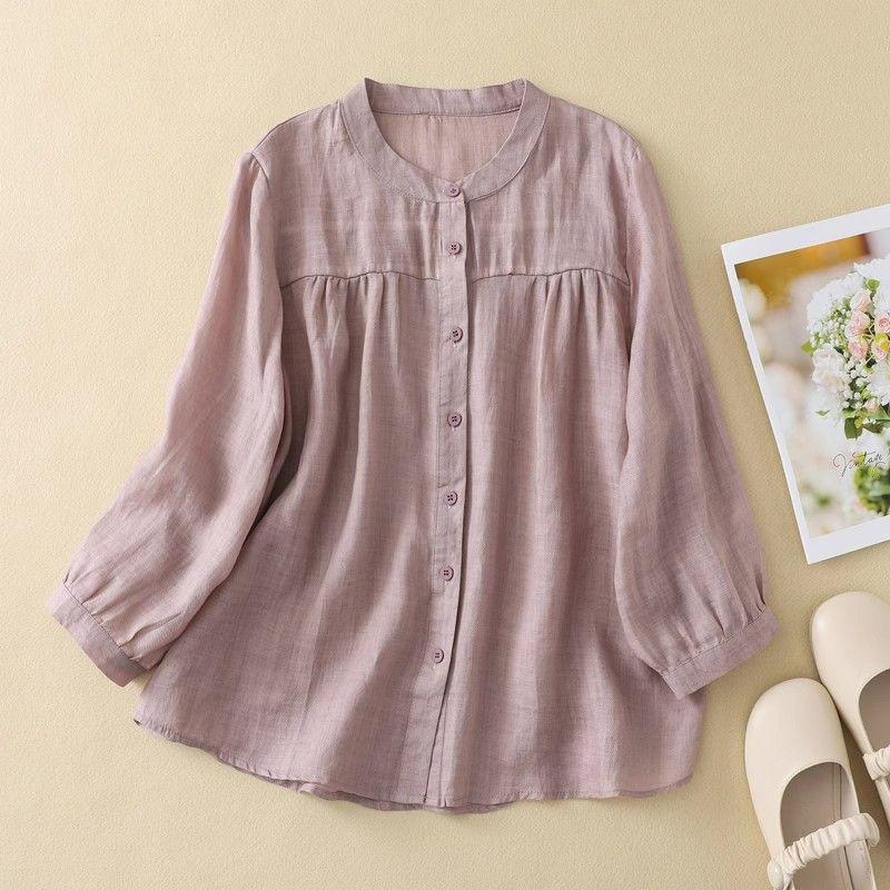 Women's Versatile Spring/Summer Cotton Linen 3/4 Sleeve Loose Casual Cardigan Shirt
