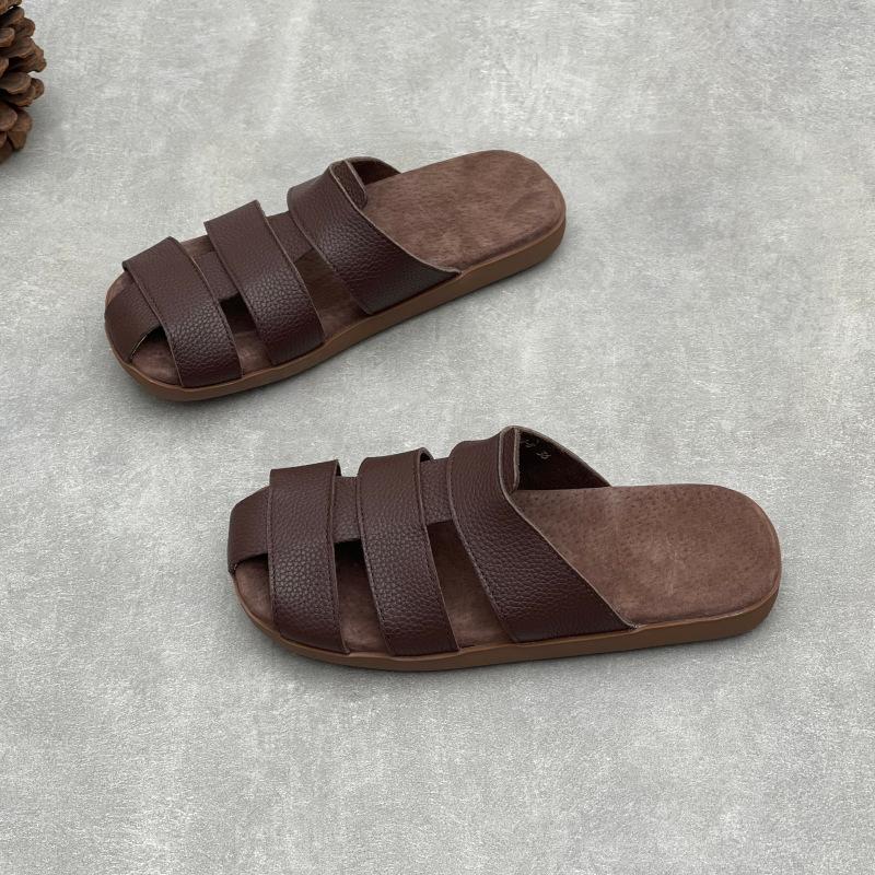 Johnature Genuine Leather Flat Slippers Weaving Hollow-out Breathable Casual Women's Slip-on Shoes