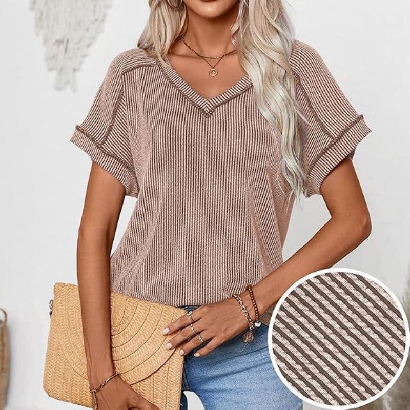 YYFS Women's Fashion Casual Summer Spring Solid Color Print Short Sleeve V-Neck Blouses & Shirts