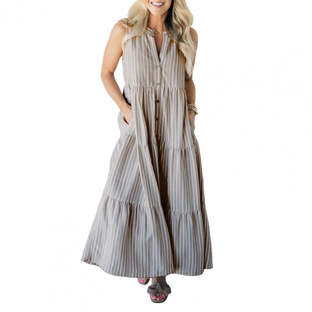 

Summer Women s Dress Sleeveless A-line V-Neckline Striped Print Single-breasted Side Pockets Big Swing Buttons Shirt Type Pleated Patc S коричневый
