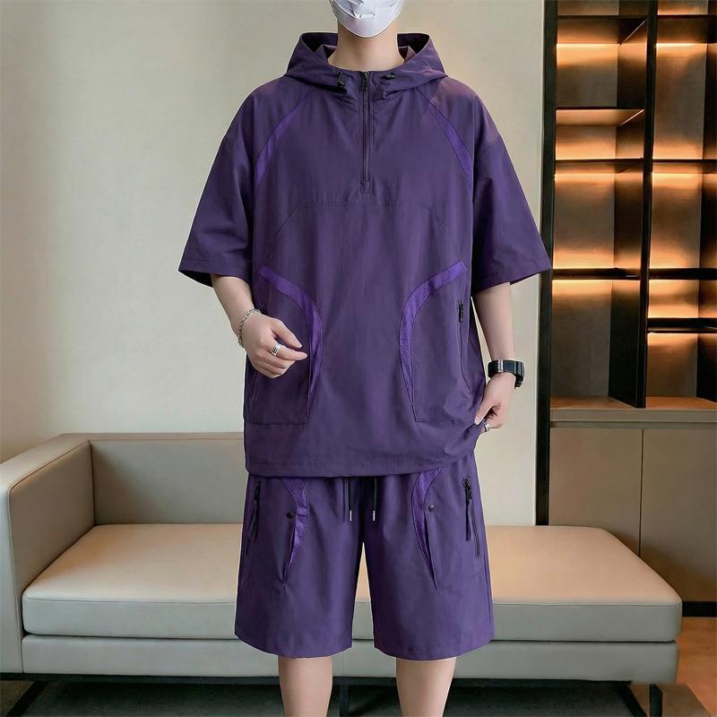 

Plus Size Men s Summer Casual 2-Piece Set, Loose Breathable Daily Outfit Suit 12XL(160kg-170kg) фіолетовий