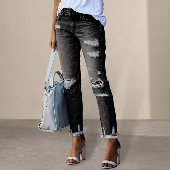 Dámské úzké roztrhané džíny se středním pasem, distressed zničené džínové kalhoty s kapsami