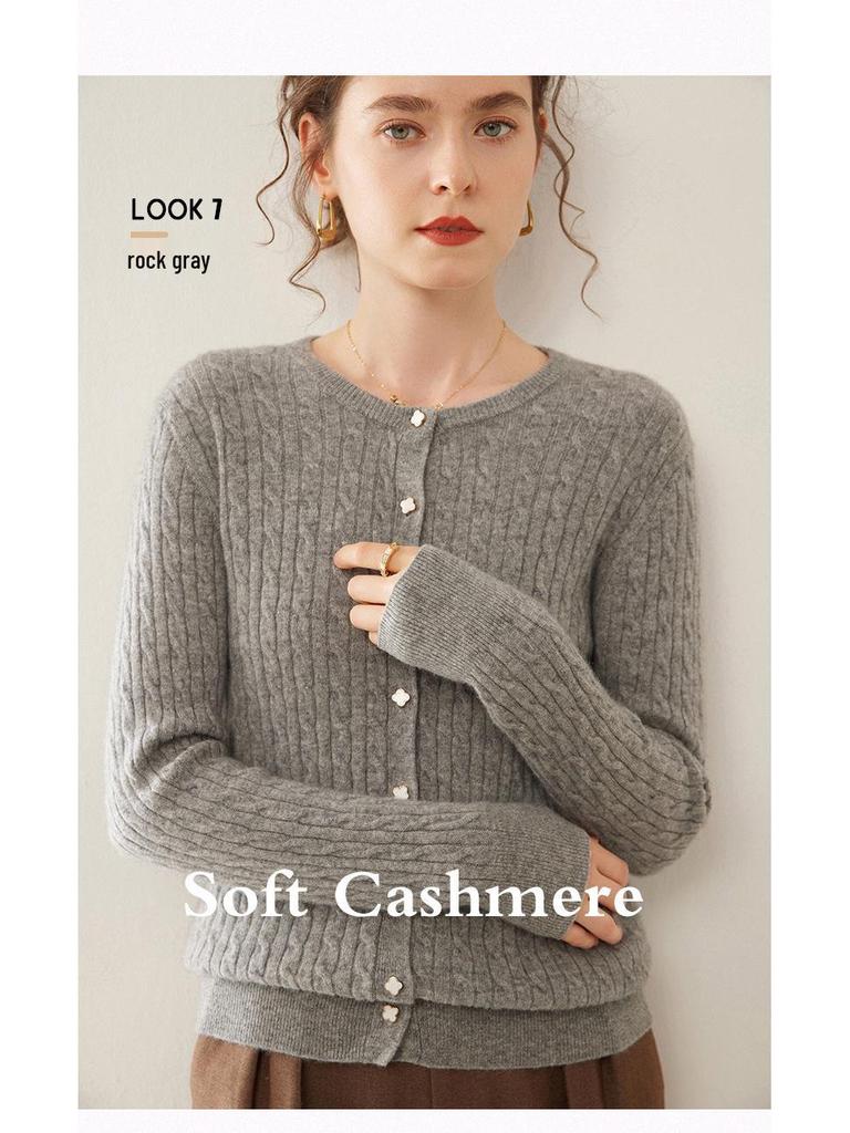 Women's Round Neck Cashmere Cable Knit Cardigan – Korean Style Slim Fit for Autumn and Winter