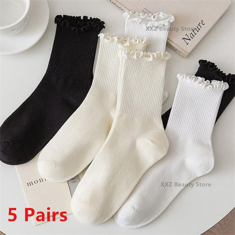 5/10/20 Pairs Mix Color Socks Fashion Women Ruffle Frilly Socks Novelty Funny Ankle Socks Cute Solid Cotton Breathable Sock