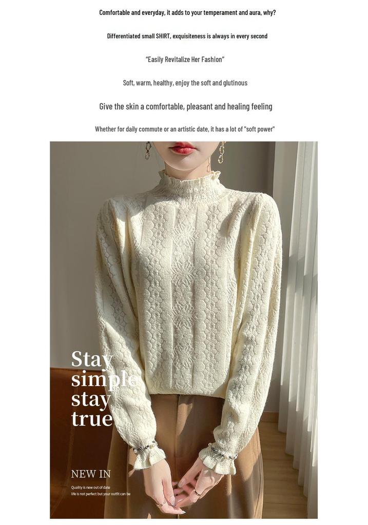 Women's Fine Wool Half-High Neck Lace Knit Sweater - New Autumn/Winter Thick Long Sleeve Top