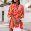 V-Neck Batwing Sleeve Layer Ruffle Hem Holiday Dress Summer Casual Waist Drawstring Coconut Leaves Print Mini Dress Female Clothes