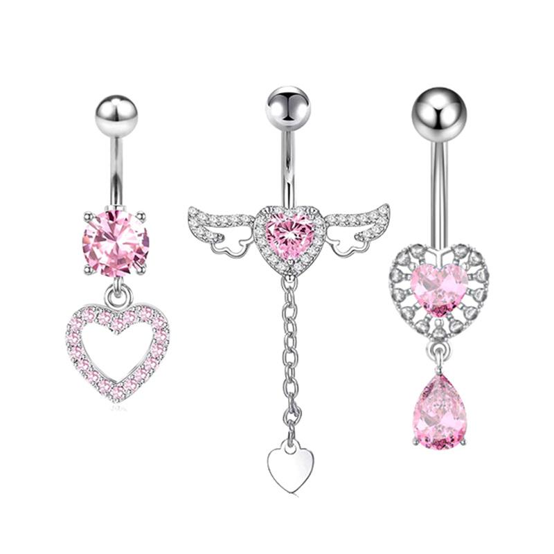 Anelli per ombelico a farfalla in acciaio inossidabile con zircone rosa per donne Anelli per ombelico a cuore Gioielli per piercing al corpo