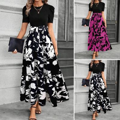 Summer Dress Round Neck Short Sleeve High Waist Long Dress Splicing