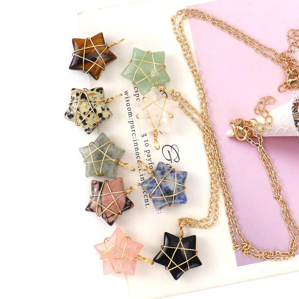 Hand-Wound Gold Natural Crystal Agate Pentagram Tiger Stone Star Necklace N583