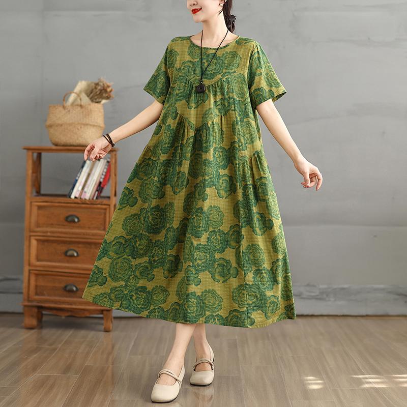 DIMANAF 2025 Summer Plus Size Vintage Dress Women Casual Dress Loose Basic Floral Printing Short Sleeve Long Dress