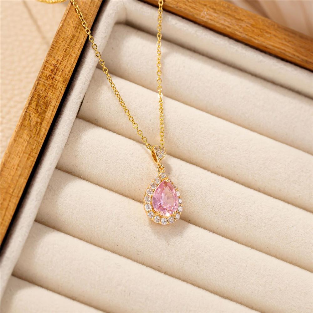 Female Crystal White Pink Green Purple Zircon Stone Water Drop Pendant Necklace Vintage Gold Color Wedding Jewelry For Women