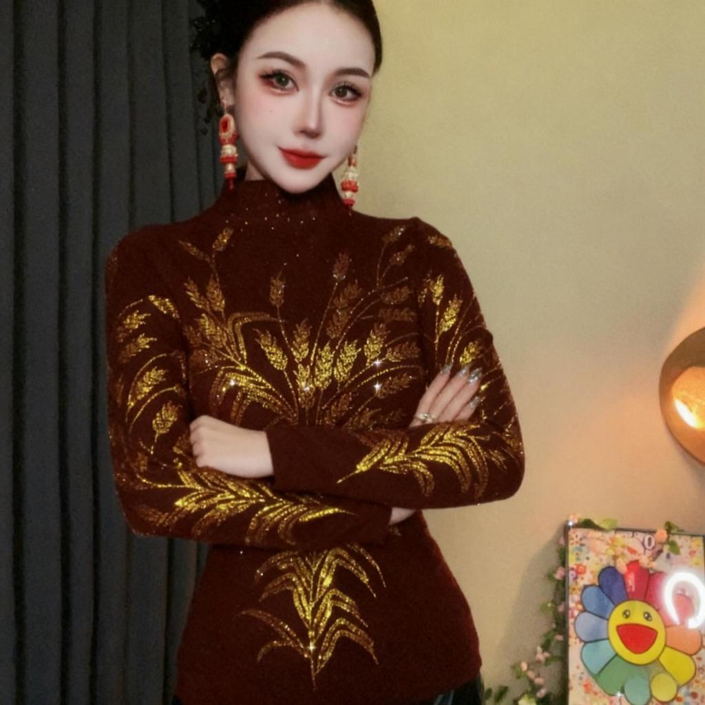 De Rong Women's Rhinestone Long-Sleeve Half-High Collar Shirt – Elegant Autumn/Winter Base Layer Top