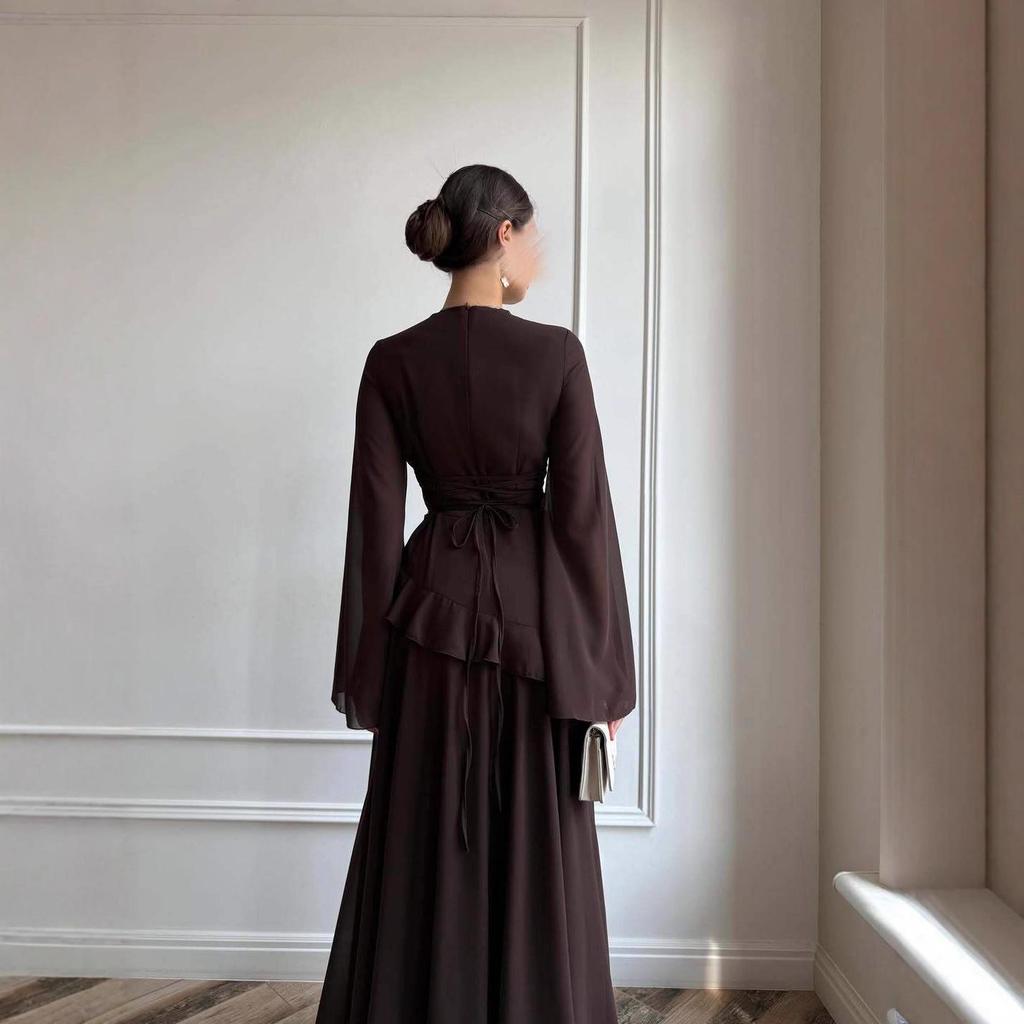 2025 Autumn High-Waist Satin Evening Dress - Round Neck, Long Sleeve, Elegant Maxi