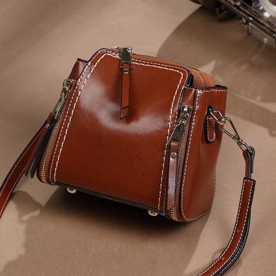 New Korean Version Genuine Cowhide Women's Bag, Retro Versatile Crossbody Bag, Bucket Bag, Women's Single Shoulder Handbag