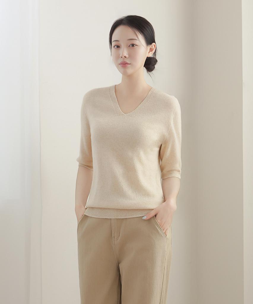 Keulleiseu 100% Wool V-Neck 3/4 Sleeve Knit_Camel