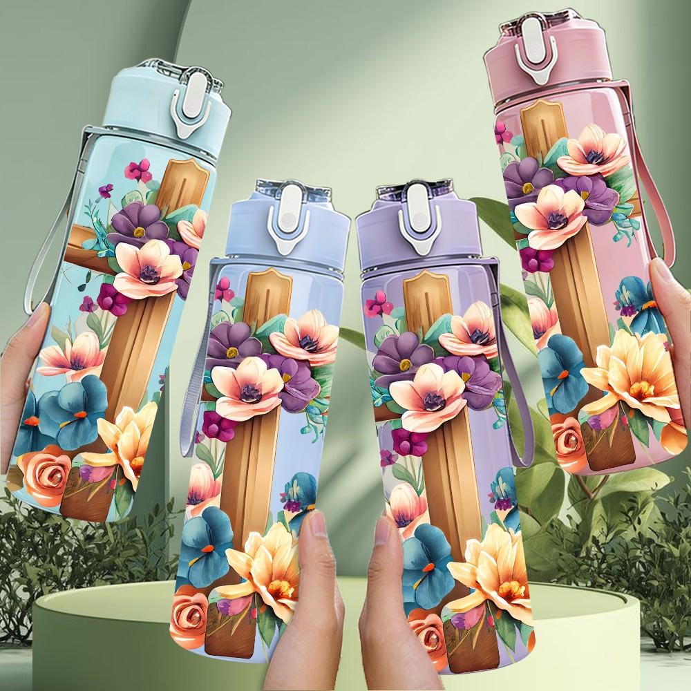 1PC Cross With Rose Wildflower Bouquet 750ml Color Plastic Sports Water Bottle Leakproof Flip Straw Lid Suitable for Sports Office Home Use