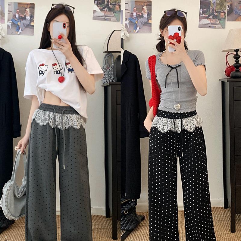 

2025 Trendy Polka Dot Wide-Leg Lace Patchwork Elastic Waist Loose Casual Floor-Length Pants for Women 2XL (126-145 jin)