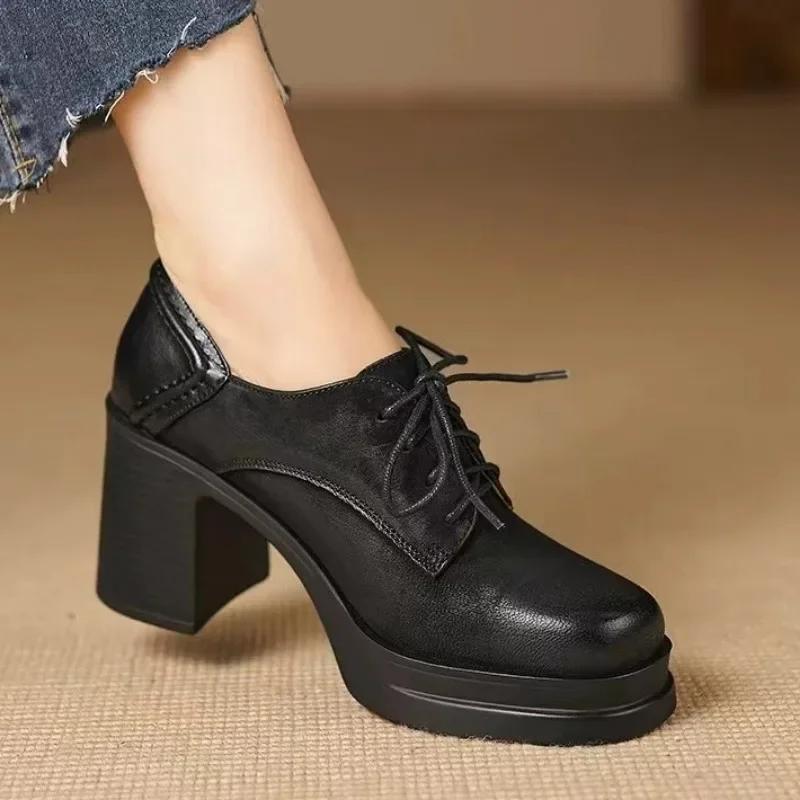 Pointed Toe Office and Career Women's Loafers Lace-up Fashion 2024 Hot Sale Ladies Shoes New Solid Heels Women Zapatos Mujer
