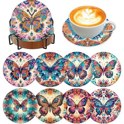 8 Pieces/set of Diamond Butterfly Patterned Coasters, DIY Coasters with Holder, Suitable for Beginners and Adults, Art and Craft Supplies Gifts