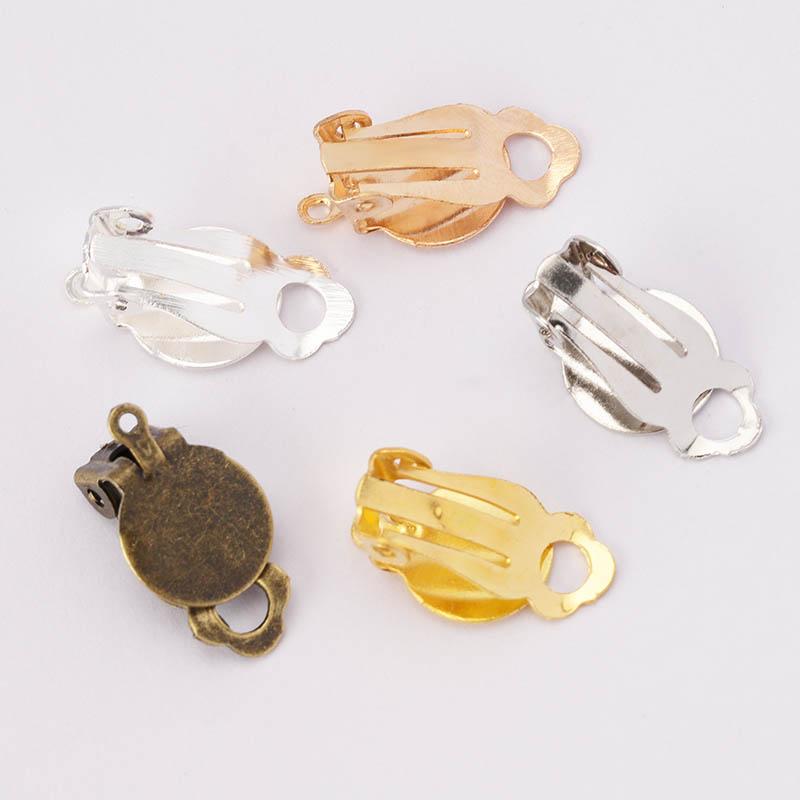 50pcs Ear Clips Earrings Gold Silver Plated Iron Blank Setting Base Fit 10mm Glass Cabochons DIY Jewelry Making Components