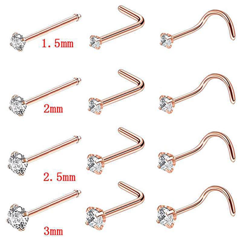 Multi-Color Zircon Stainless Steel S-Bar Nose Studs Jewelry