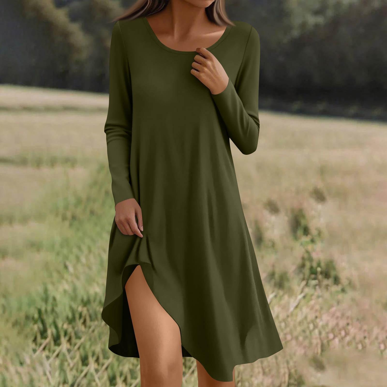 

Long Sleeve Dress For Women Casual Loose Fit Solid Dress With Pockets L армія зелений колір