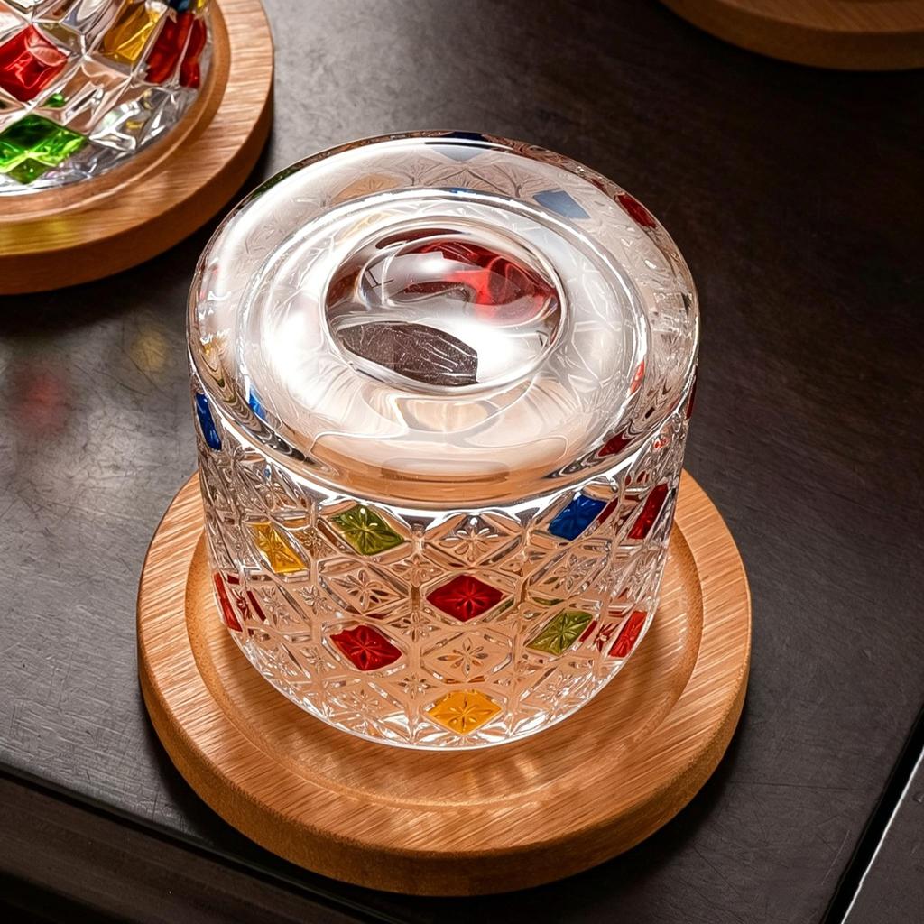 Colorful Hand-Painted Crystal Whiskey Glass, Vintage Embossed Tumbler for Bar & Home