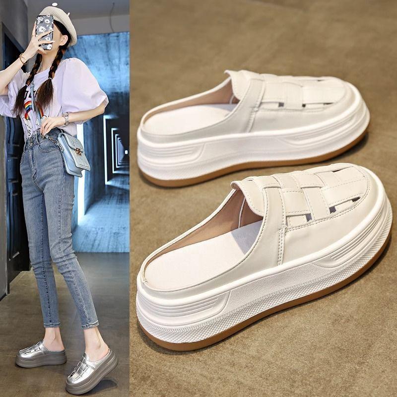 2025 New Thick-soled Heightening Half-slippers Women's Summer Outer Wear Hollowed-out One-pedal Roman Bag Head Sandals Woven Slippers