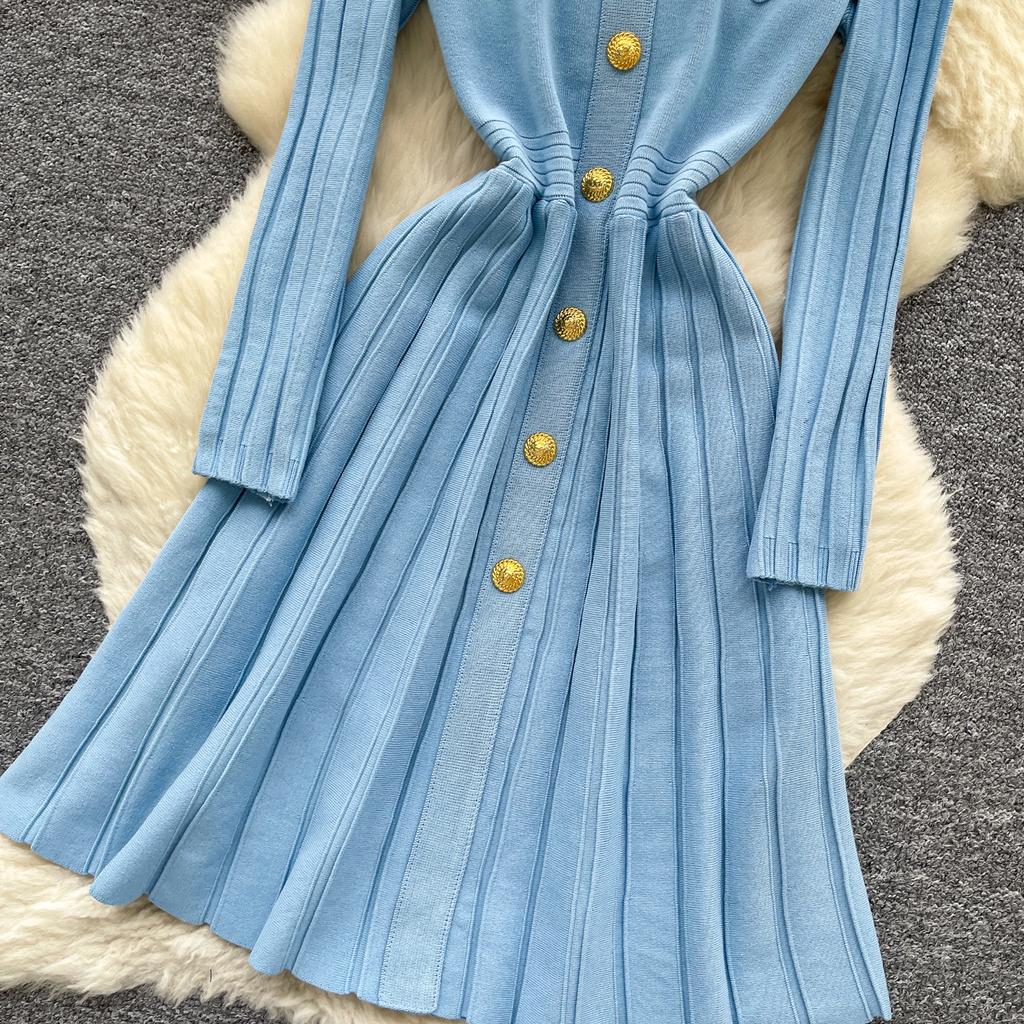 Autumn Winter High Waist Knitted Umbrella A-line Dresses 2025 New Buttons O-neck Long Sleeve Loose Sweater Dress Female