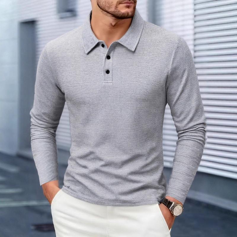 Men Waffle Knit Long Sleeve Polo Shirt Casual Top