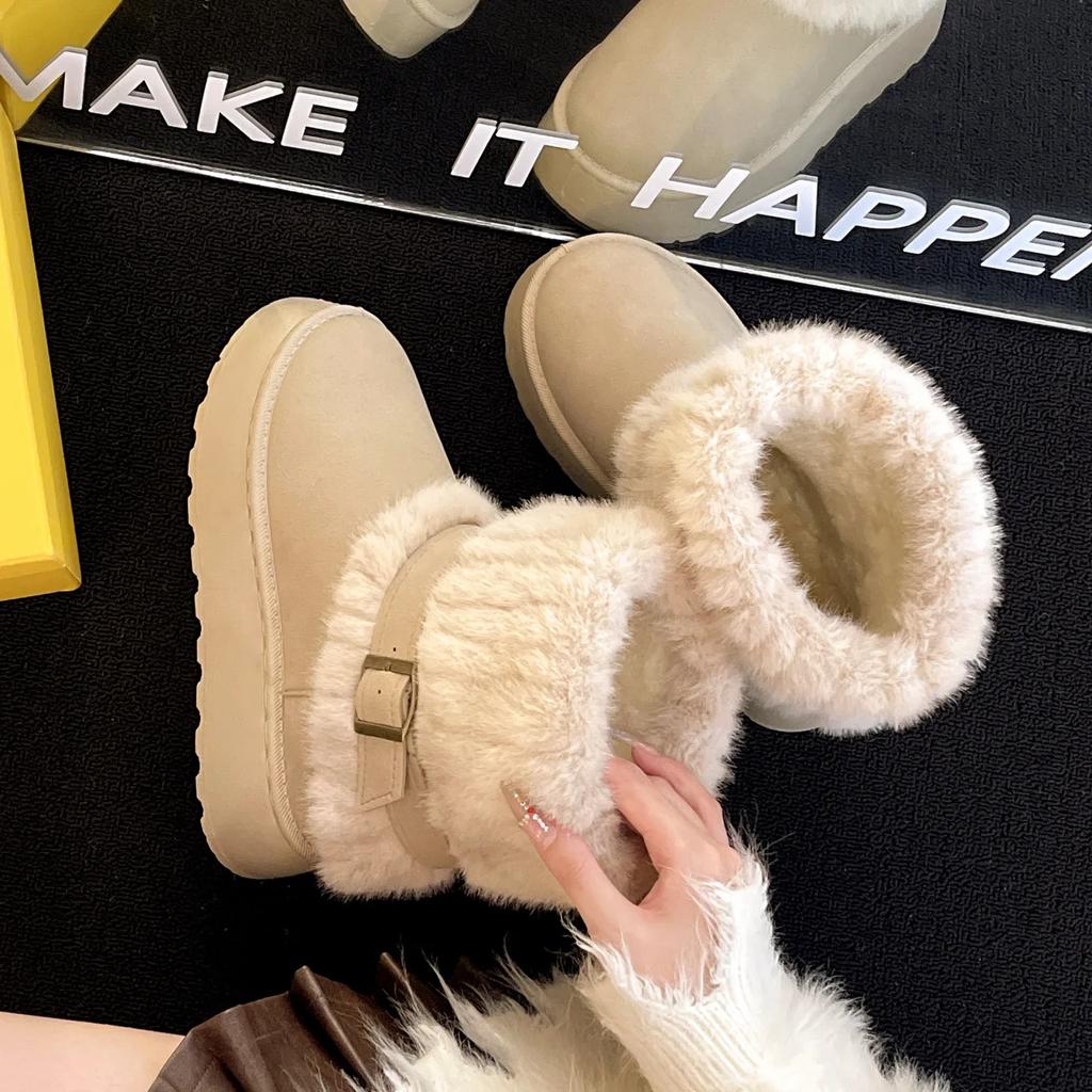 Winter Thick Sole Tubular Short Fur Snow Boots Women Mid-Calf Spliced 43 Size Boots Korean Style round Toe Rubber Outsole