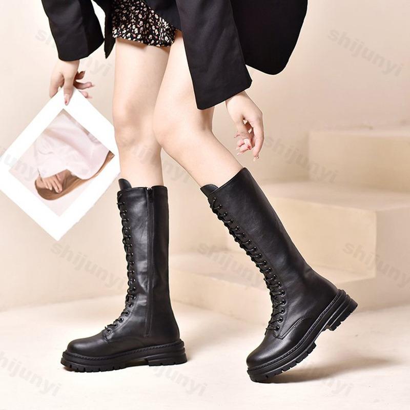 Autumn Winter Thick Heel Knight Boots Women Over Knee High Tube Long Motorcycle Boots New Versatile Square Head Buckle Style