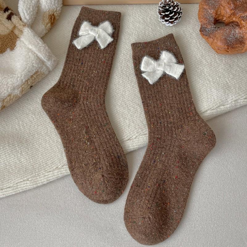 Wool Socks for Women's Autumn and Winter Trend Mid-calf Socks, Cute Cartoon Flocked Long Socks, Button Atmosphere Women's Socks