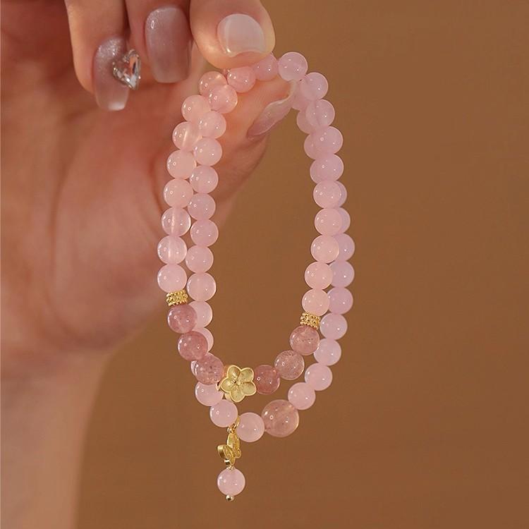 Taohuawu Natural Pink Crystal Double Circle Bracelet for Women, New Chinese Style Strawberry Crystal Peach Blossom Butterfly Traditional Chinese