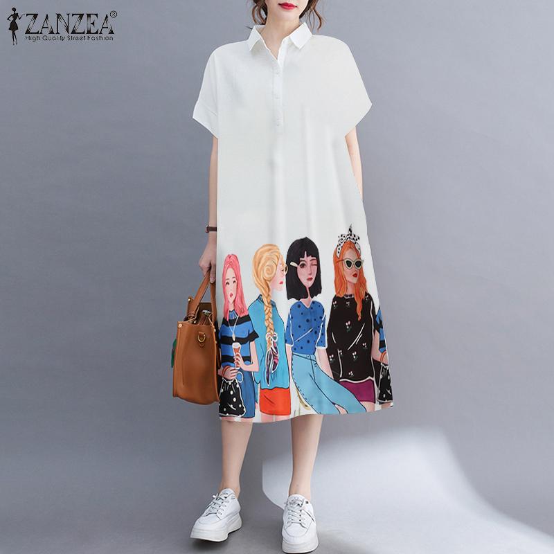 ZANZEA Vestido camisero informal de verano de manga corta con cuello vuelto para mujer