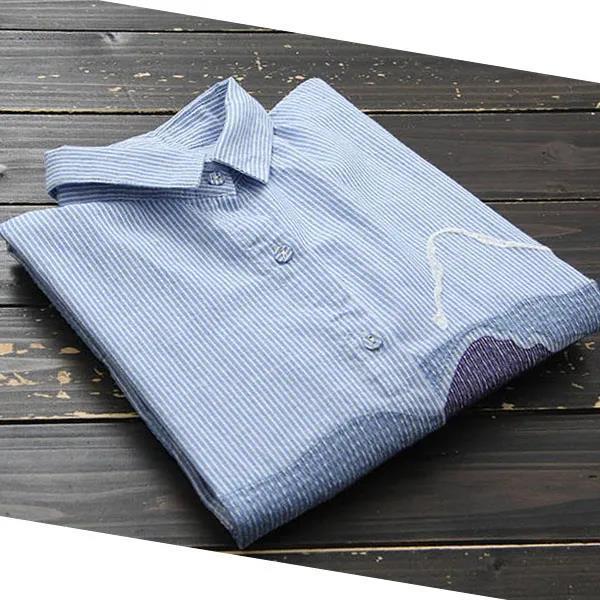 Spring and Autumn Embroidery Mid-length Long Sleeved Shirt Women's Fine Stripe Versatile Artistic Large Size Loose Shirt Top