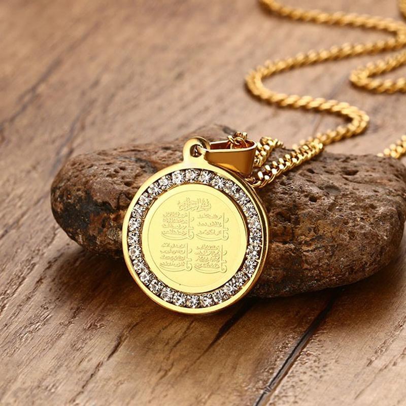 Herenketting 4 Qul Moslim Islamitische Hajj Umrah Hanger Roestvrij Staal Goudkleurig CZ Steen Mannen Modeketting