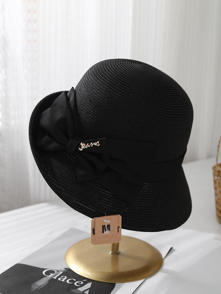 2025 Summer New Woven Basin Hat Fashion Crimped Sun Hat Satin Bow Summer Sun Hat