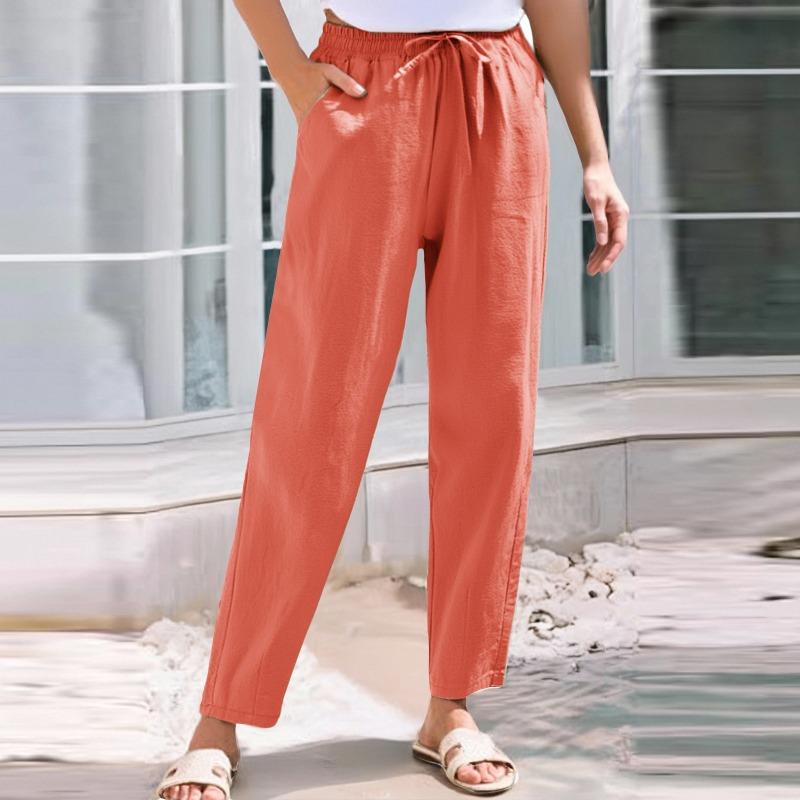 Foreign trade new women's clothing summer pants casual loose drawstring solid color elastic waist cotton and linen women's nine-point pants