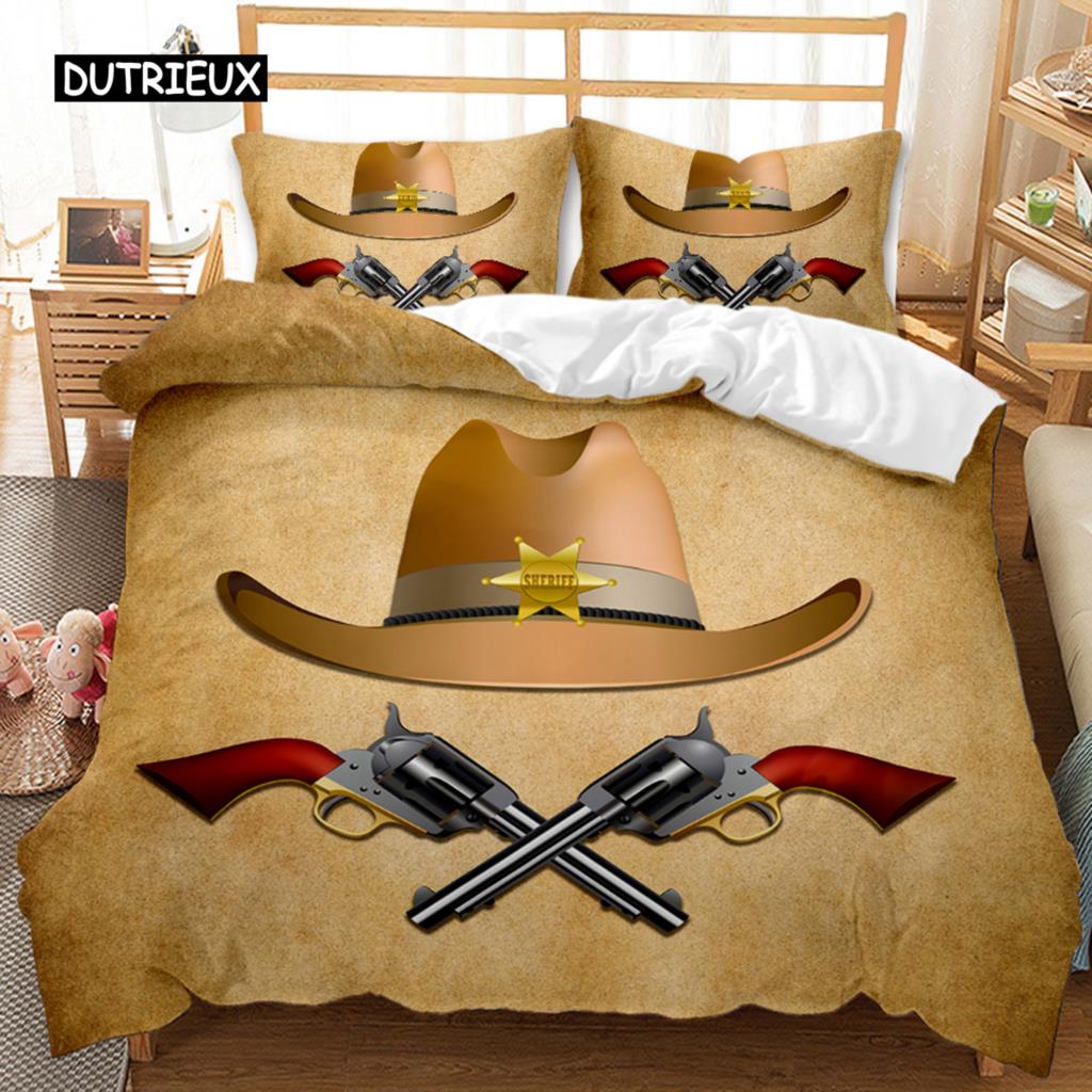Western Cowboy Duvet Cover Teens Wild West Themed Cowboy Hat and Gun Western Style Double Queen King Size Polyester Qulit Cover