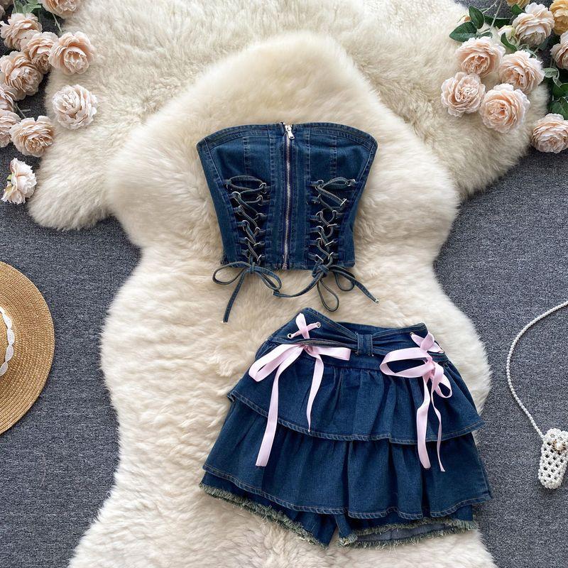 

Sexy Denim Lace-up Sleeveless A- line Cake Tube Top Blue L