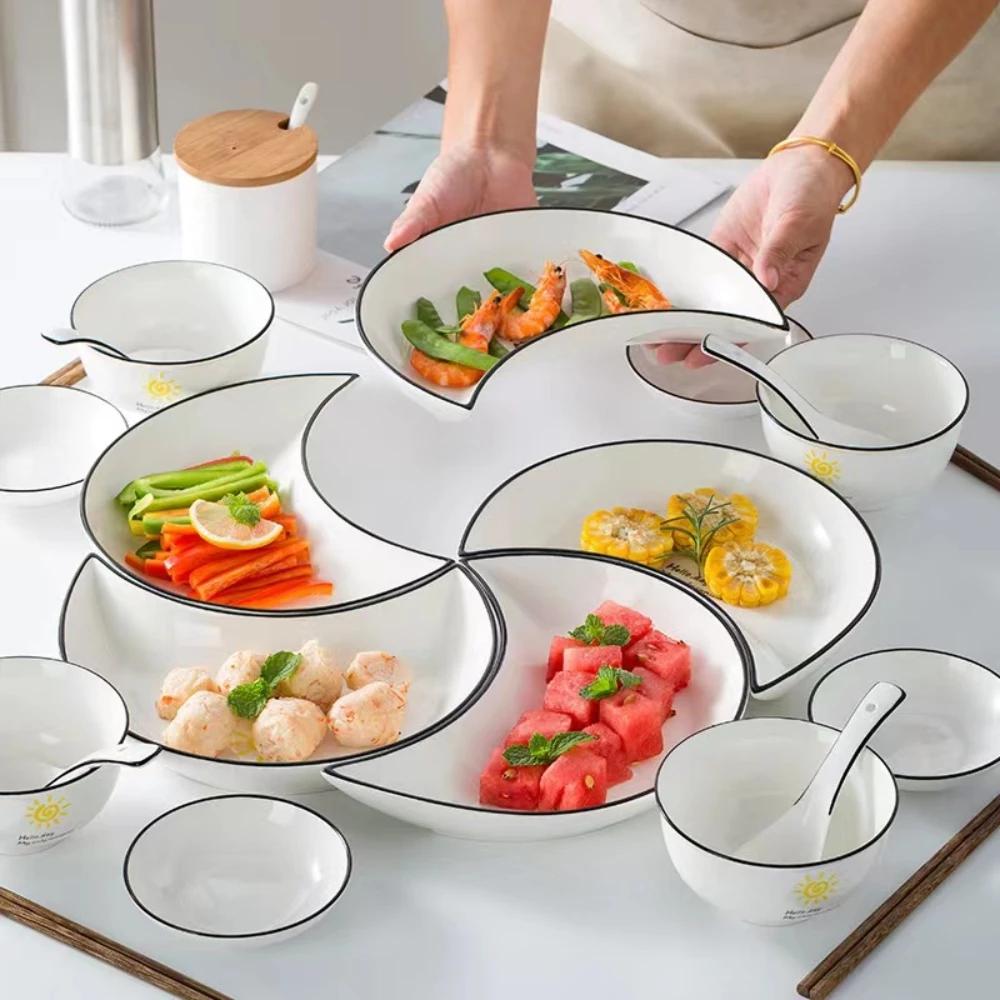 5 Piece Reunion Ceramic Dinnerware Set Moon Shaped Hot Pot Plate Flexible Combination of Plates According To Food Consumption