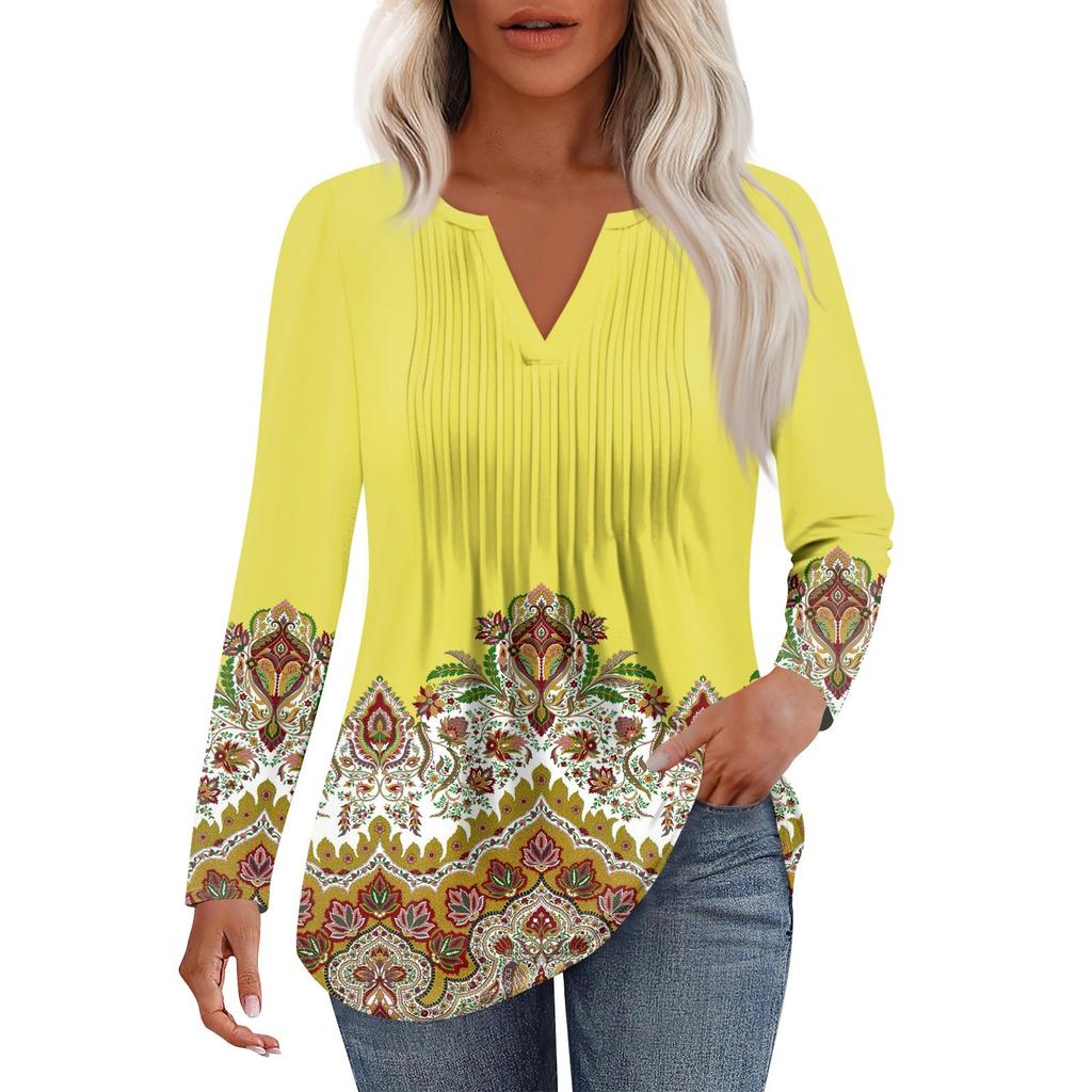 Dámská móda Ležérní Plisované Tričko s V výstřihem a Dlouhým Rukávem Elegantní Top
