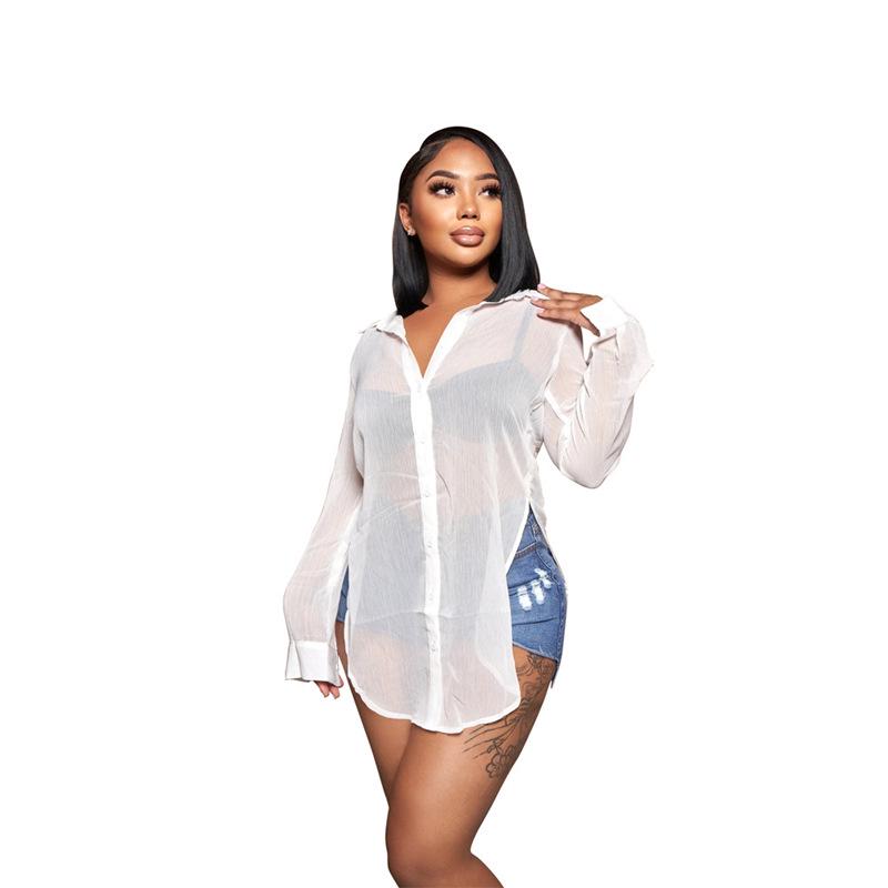 Women's Solid Color Sheer Chiffon Shirt - Sexy, Single-breasted, Long Sleeve, Loose Fit with Lapel and Split Design