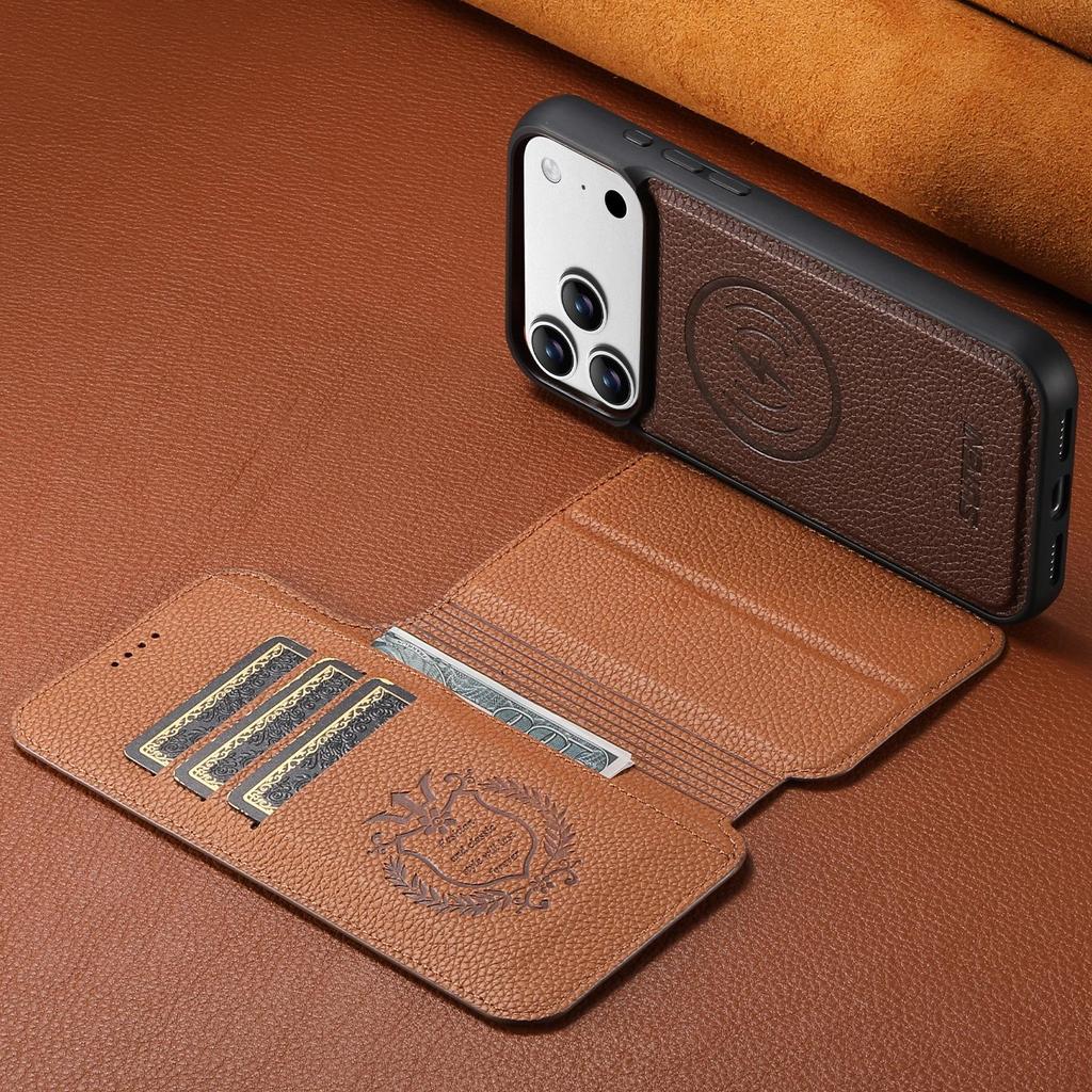 IPhone 17 Pro Flip-Hülle mit Kartenfach: Magnetisch, Kabelloses Laden, Zwei-in-Eins-Ständer, Farbblock-Leder.