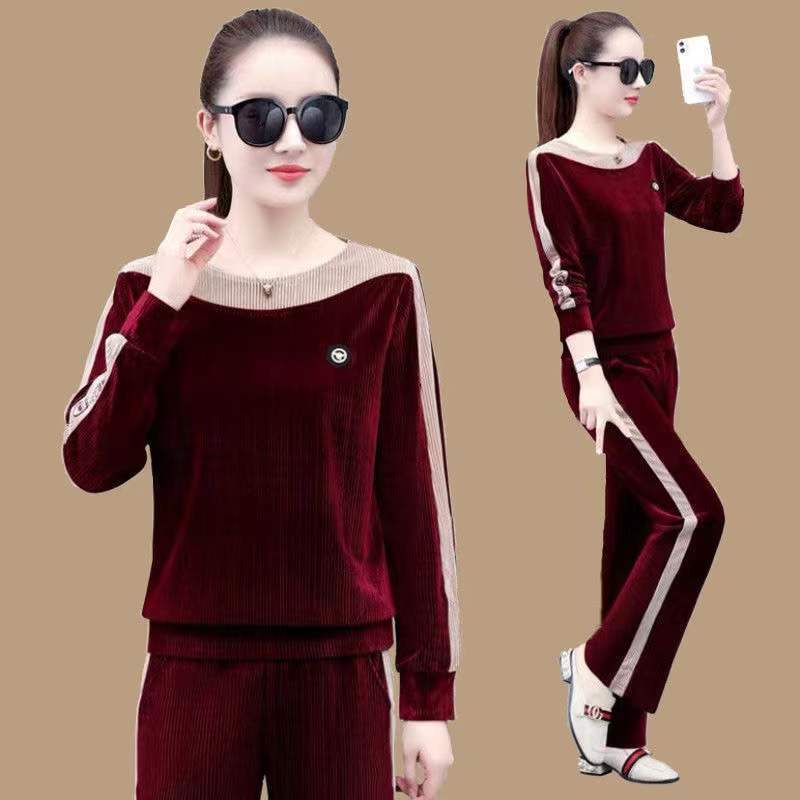 Gold Velvet Sportswear Set - Women's Spring-Autumn Fashion Chic Large-Sized Casual Loose Two-Piece Set