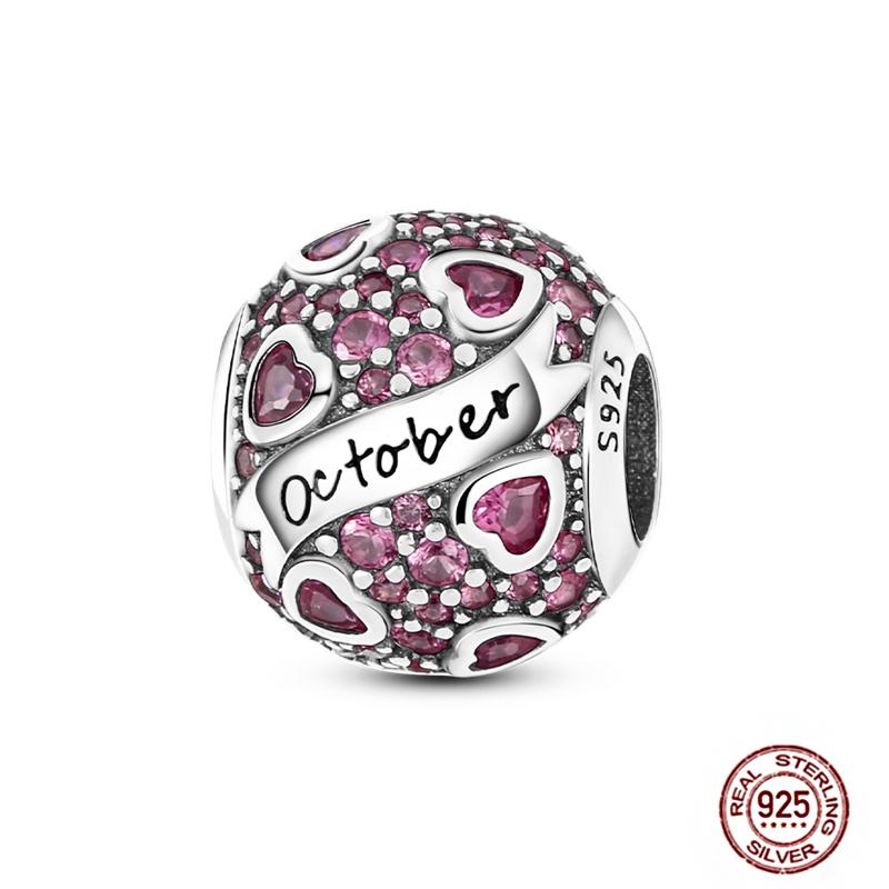 Twelve Months Birthstone Circle Colored Zircon Heart Charms Copper Pink Blue Fit Original Dangle Bracelet Beads Diy Jewelry