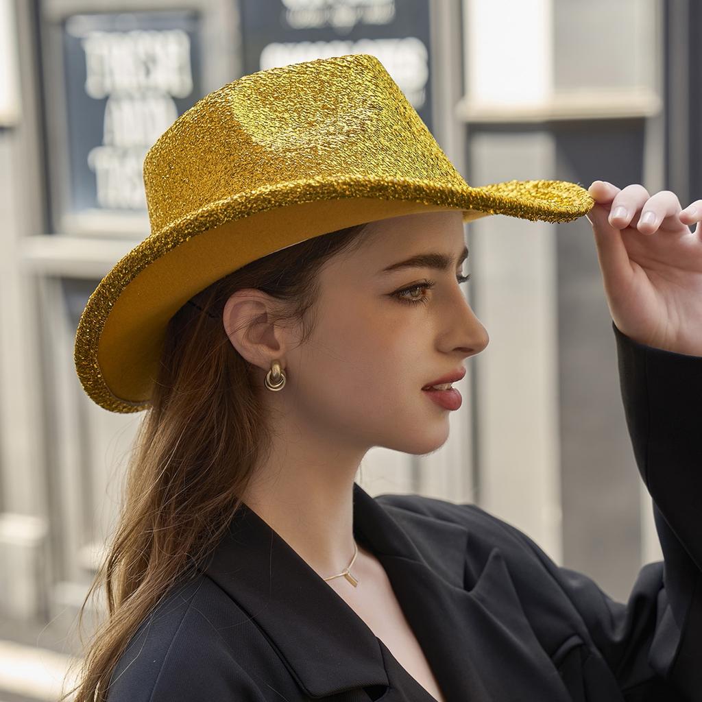 Glitzerndes Cowboyhut Unisex Westernstil Breiter Rand Fedora Hut für Party Festival Cosplay