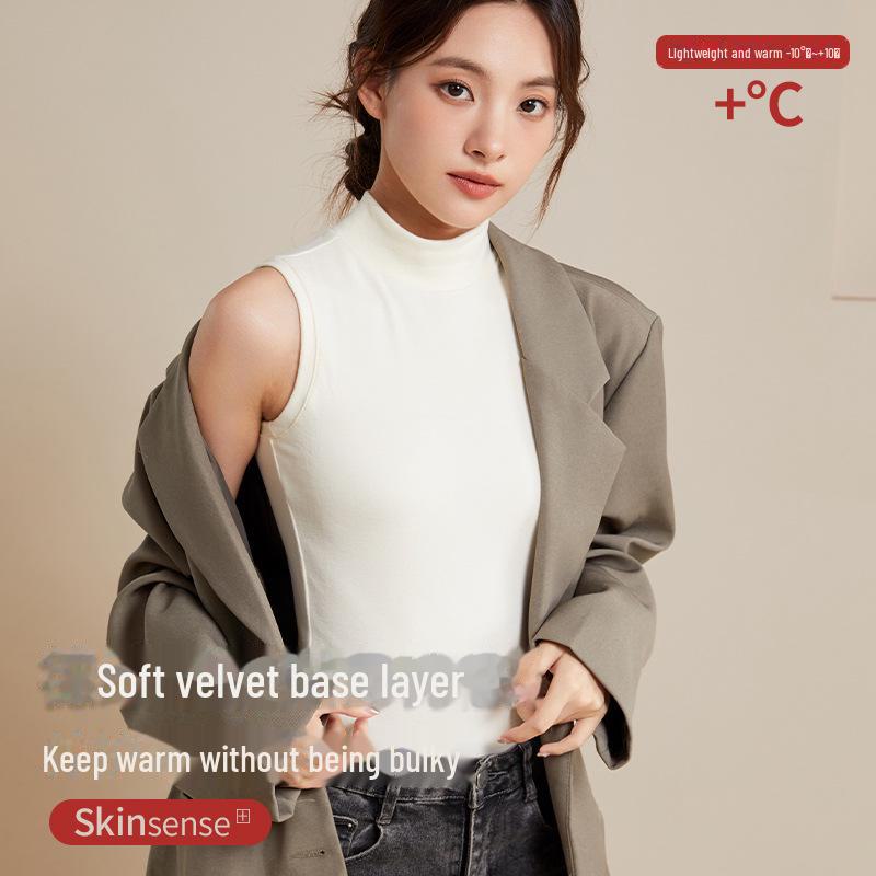 Women's Thermal Velvet Cationic Vest - Slimming Sleeveless, Half-High Collar for Autumn/Winter