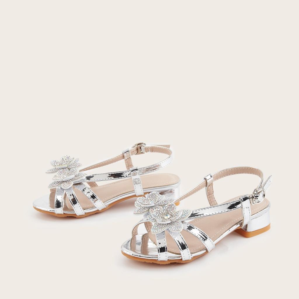 Summer Rhinestone Flower Girls Princess Sandals Children's High Heels Soft Sole Anti-slip Comfortable Footwear for Kids Party